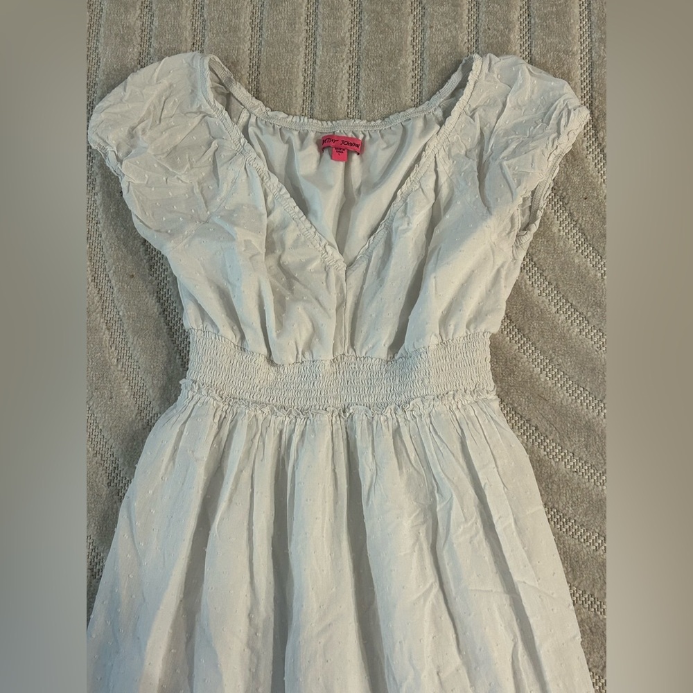 Betsey Johnson Cotton Clip Dot Smocked Puffed Sleeve Midi Dress - L - Picture 6 of 14